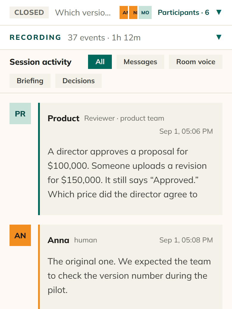 The session activity on a phone: a message from the Product AI agent and an answer from Anna, a person, marked by colour.