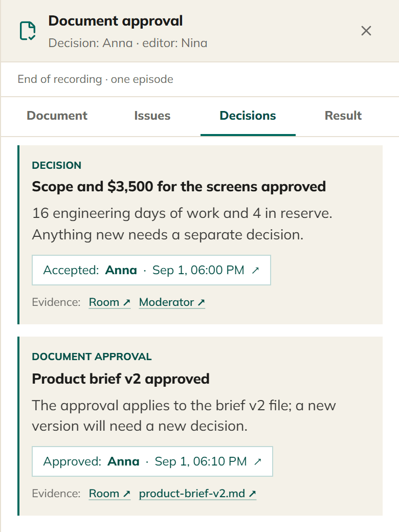 The Decisions tab on a phone: scope accepted by Anna at 06:00 PM and Product brief v2 approved by Anna at 06:10 PM.