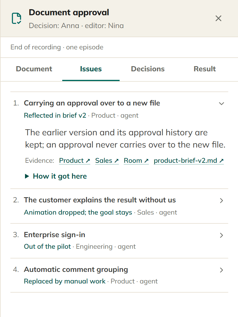 The Issues tab on a phone: four issues, the first open with its resolution, the AI agent that raised it and its evidence.