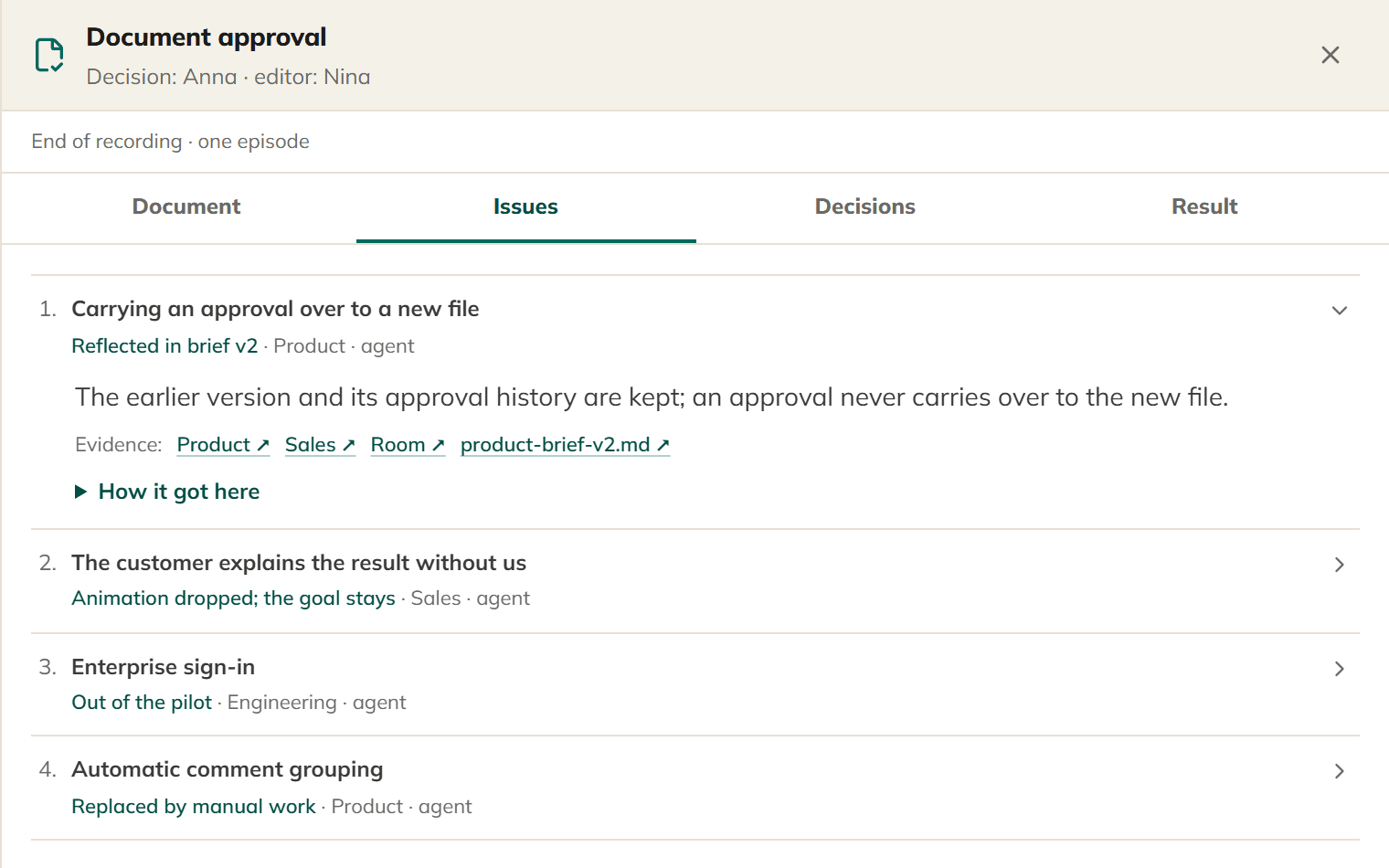 The Issues tab: four issues, each with its resolution, the team and AI agent that raised it, and evidence links.