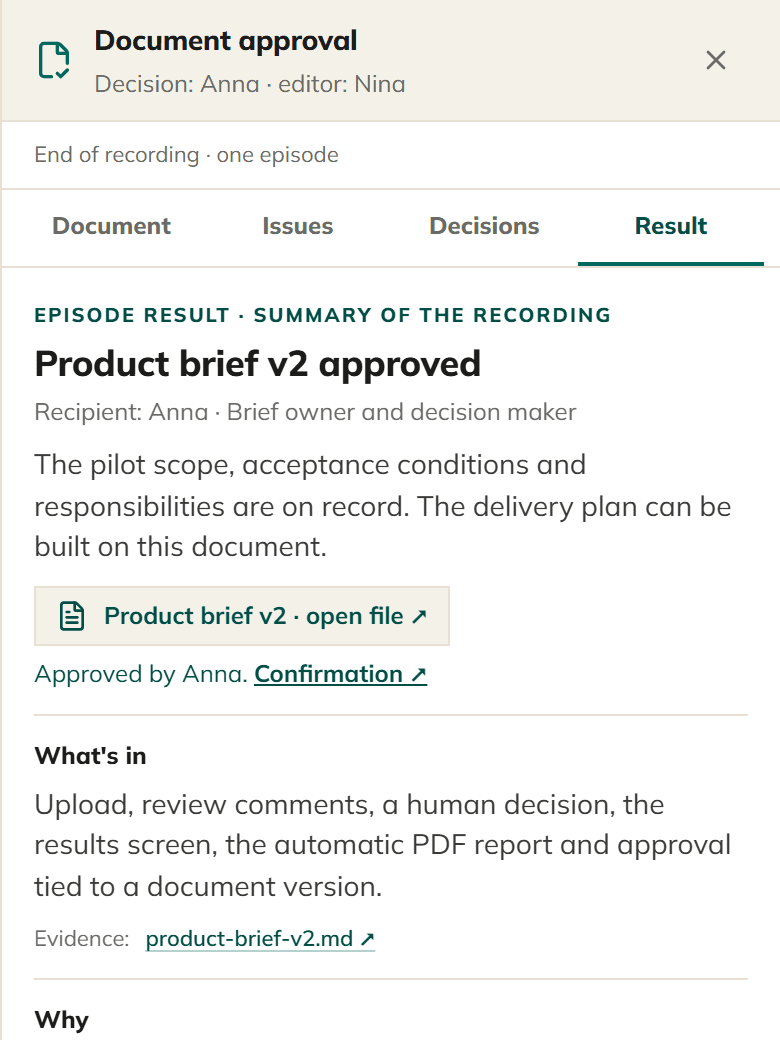 The Result tab on a phone: Product brief v2 approved, approved by Anna with a confirmation link, then What’s in with its evidence.