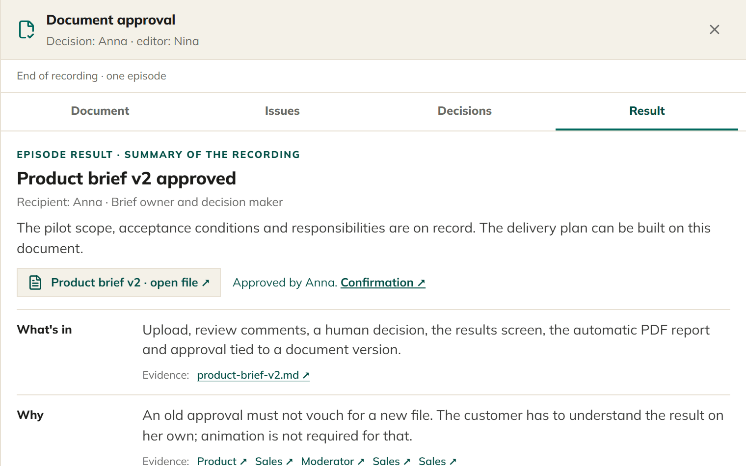 The Result tab: Product brief v2 approved, approved by Anna with a confirmation link, then What’s in and Why, each with evidence links.